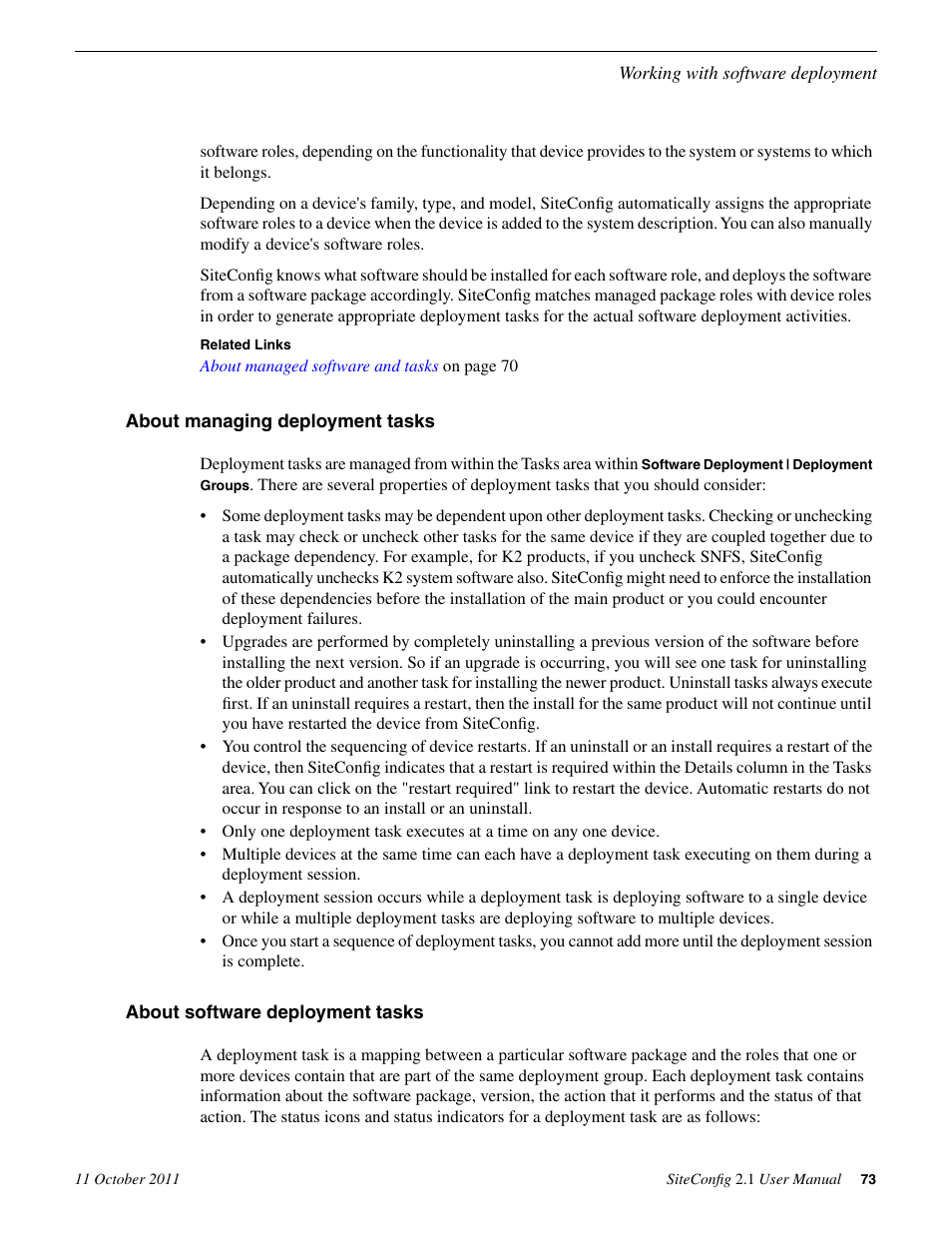 About managing deployment tasks, About software deployment tasks | Grass Valley SiteConfig v.2.1 User Manual | Page 73 / 102