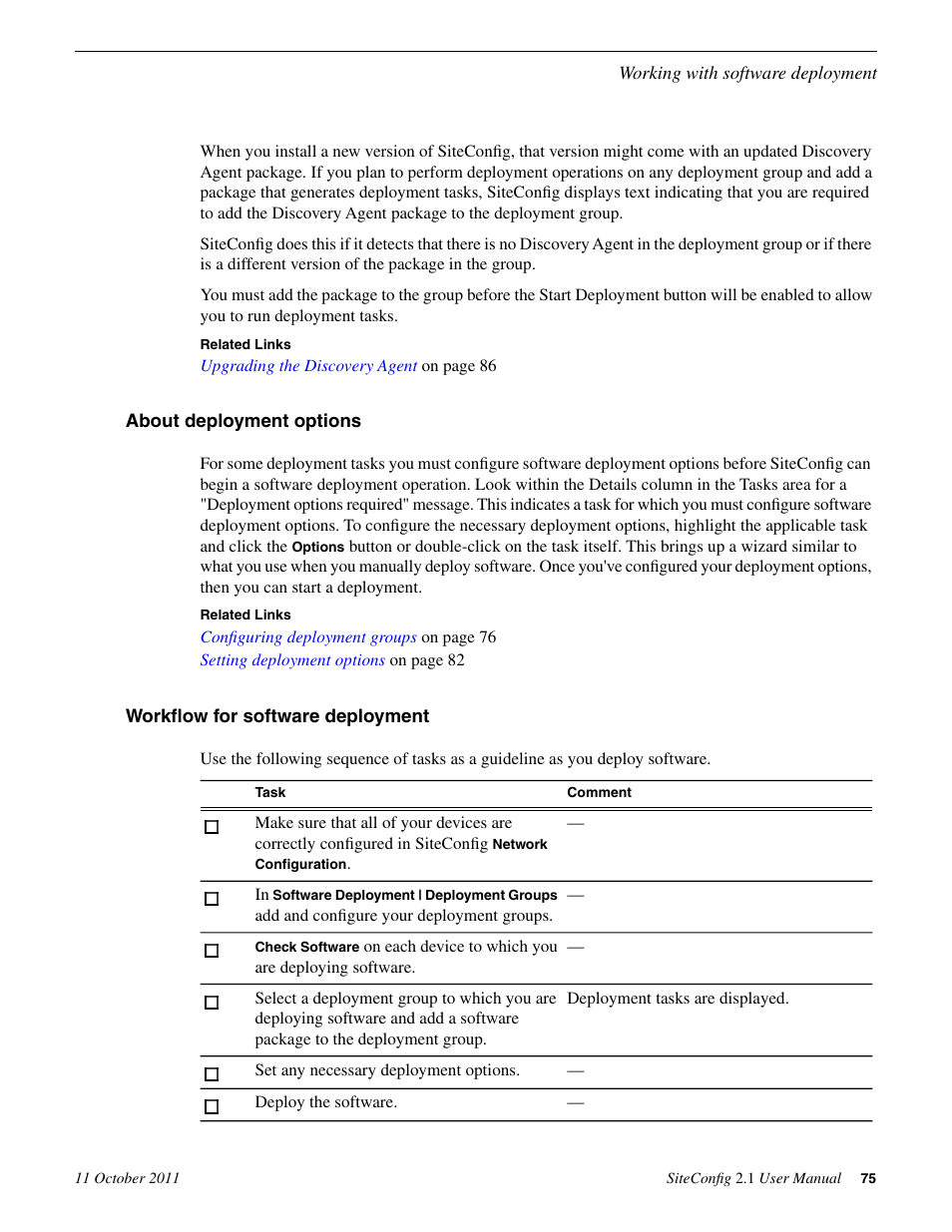 About deployment options, Workflow for software deployment | Grass Valley SiteConfig v.2.1 User Manual | Page 75 / 102