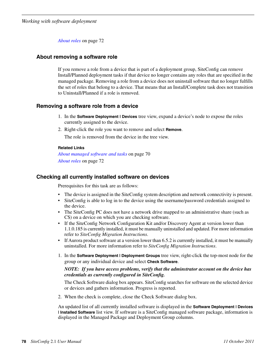 About removing a software role, Removing a software role from a device | Grass Valley SiteConfig v.2.1 User Manual | Page 78 / 102