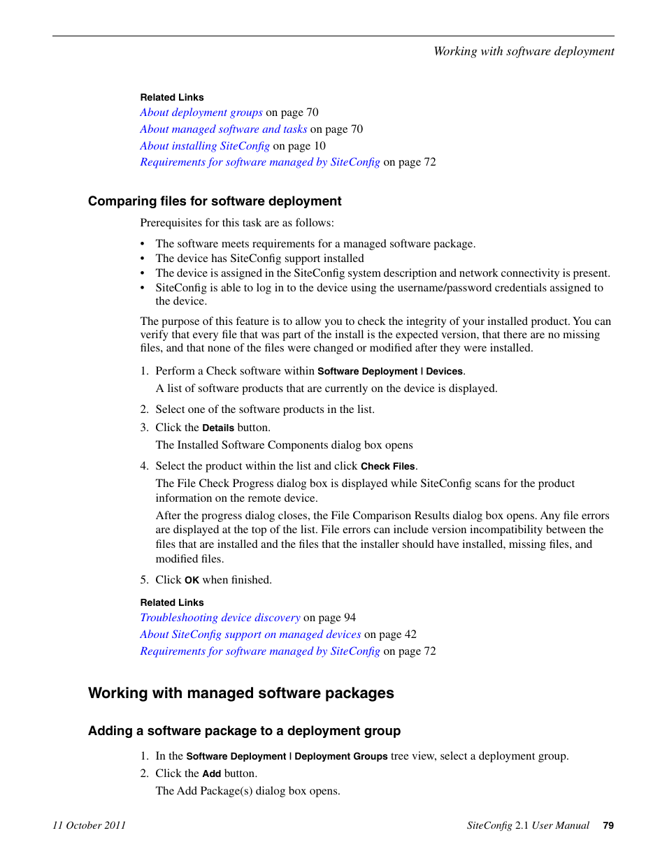 Comparing files for software deployment, Working with managed software packages, Adding a software package to a deployment group | Grass Valley SiteConfig v.2.1 User Manual | Page 79 / 102