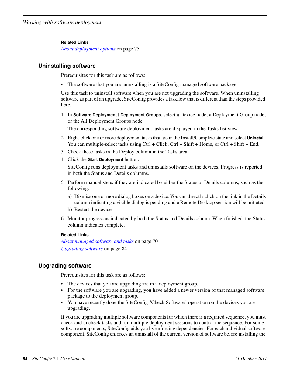 Uninstalling software, Upgrading software, Uninstalling software upgrading software | Grass Valley SiteConfig v.2.1 User Manual | Page 84 / 102