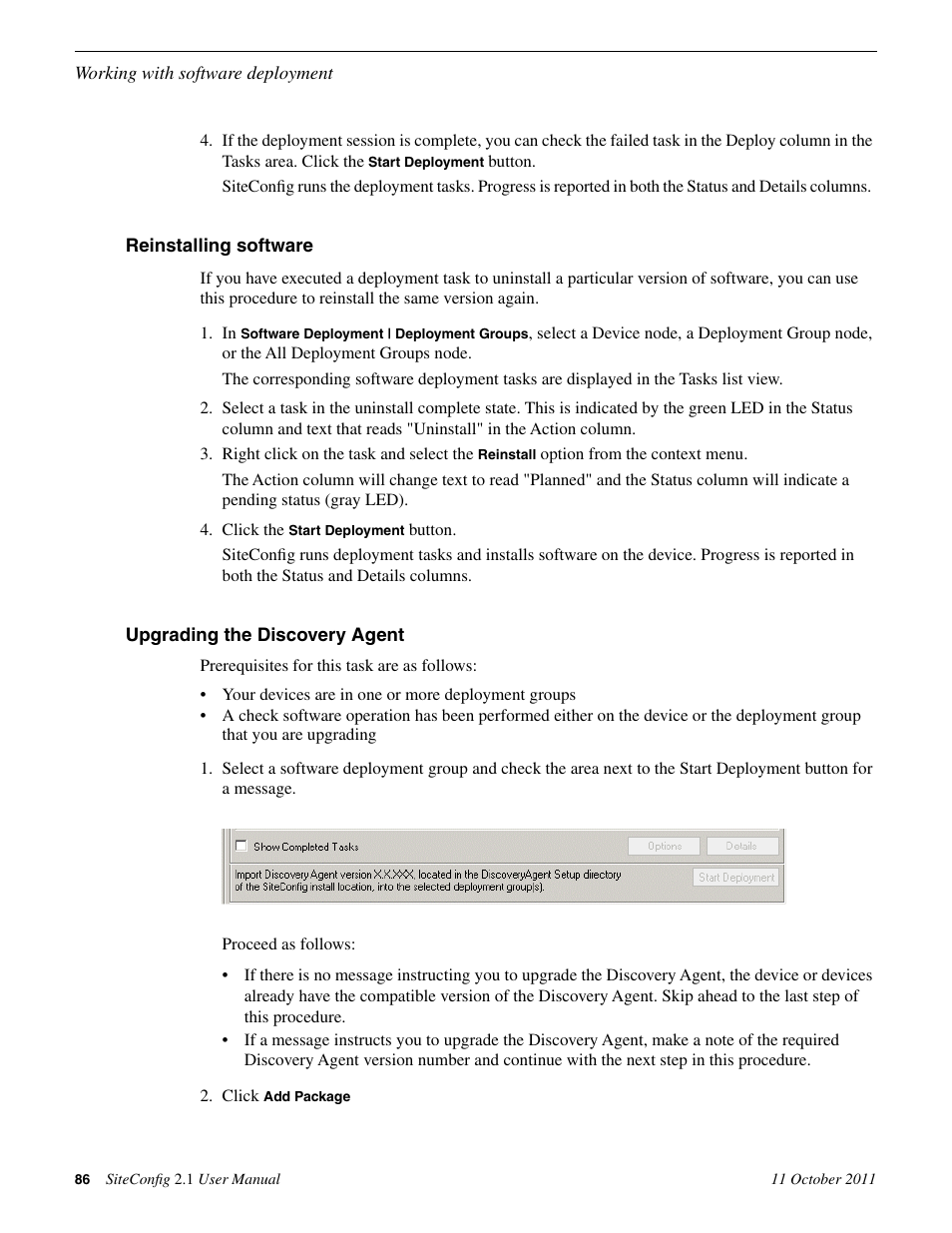 Reinstalling software, Upgrading the discovery agent | Grass Valley SiteConfig v.2.1 User Manual | Page 86 / 102