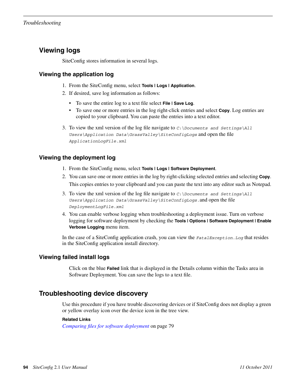 Viewing logs, Viewing the application log, Viewing the deployment log | Viewing failed install logs, Troubleshooting device discovery | Grass Valley SiteConfig v.2.1 User Manual | Page 94 / 102