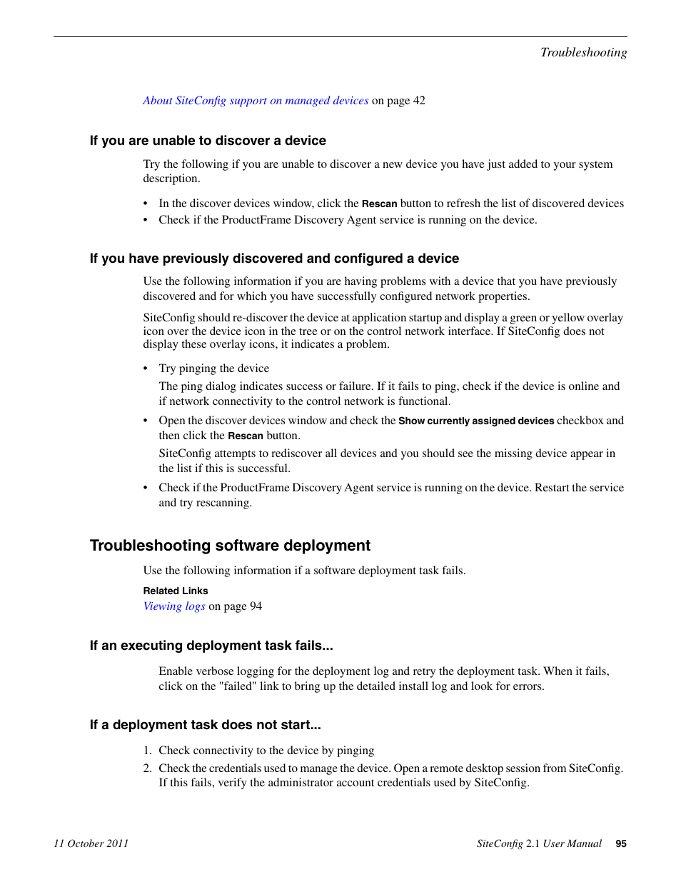 If you are unable to discover a device, Troubleshooting software deployment, If an executing deployment task fails | If a deployment task does not start | Grass Valley SiteConfig v.2.1 User Manual | Page 95 / 102