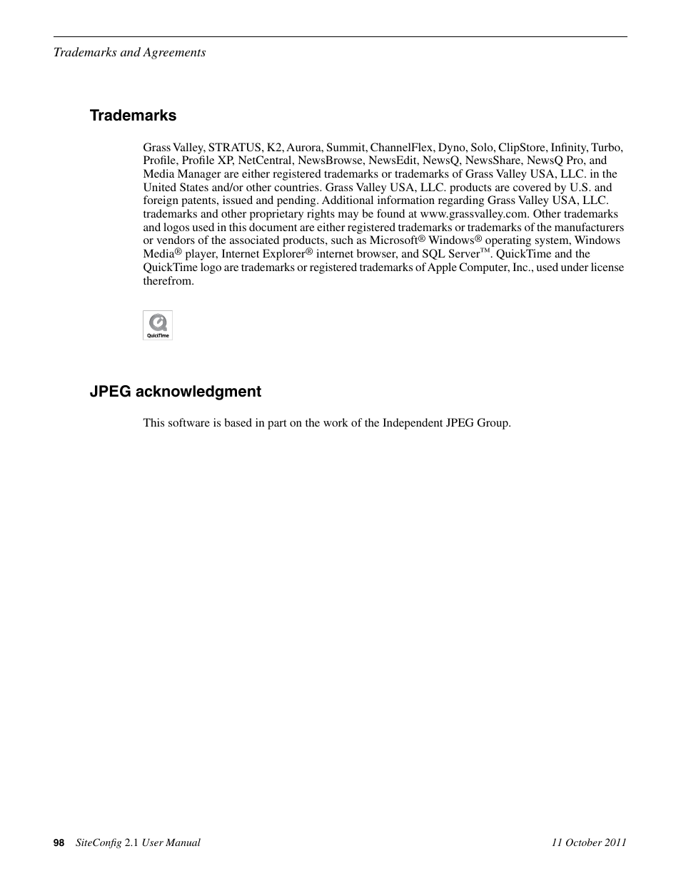 Trademarks, Jpeg acknowledgment, Trademarks jpeg acknowledgment | Grass Valley SiteConfig v.2.1 User Manual | Page 98 / 102