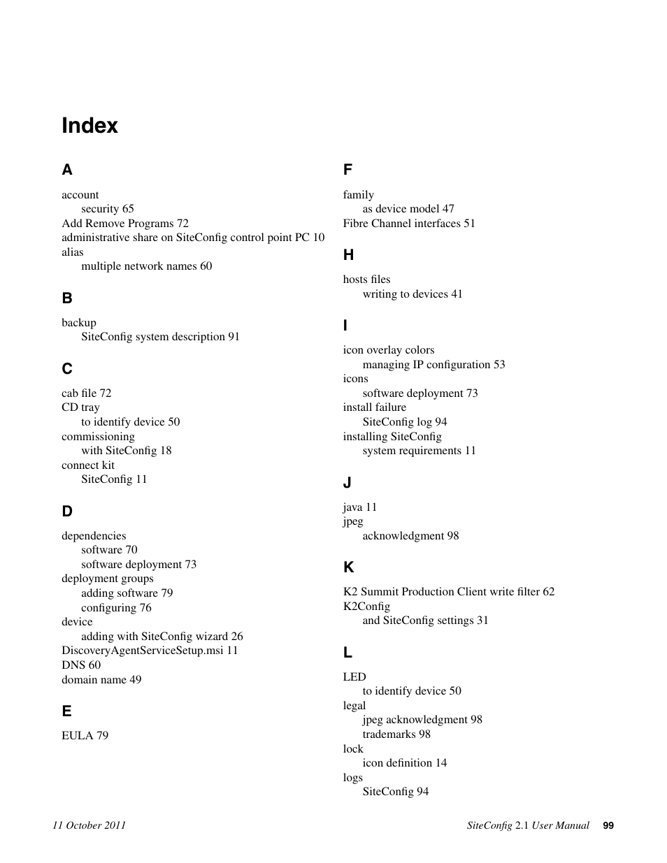 Index | Grass Valley SiteConfig v.2.1 User Manual | Page 99 / 102