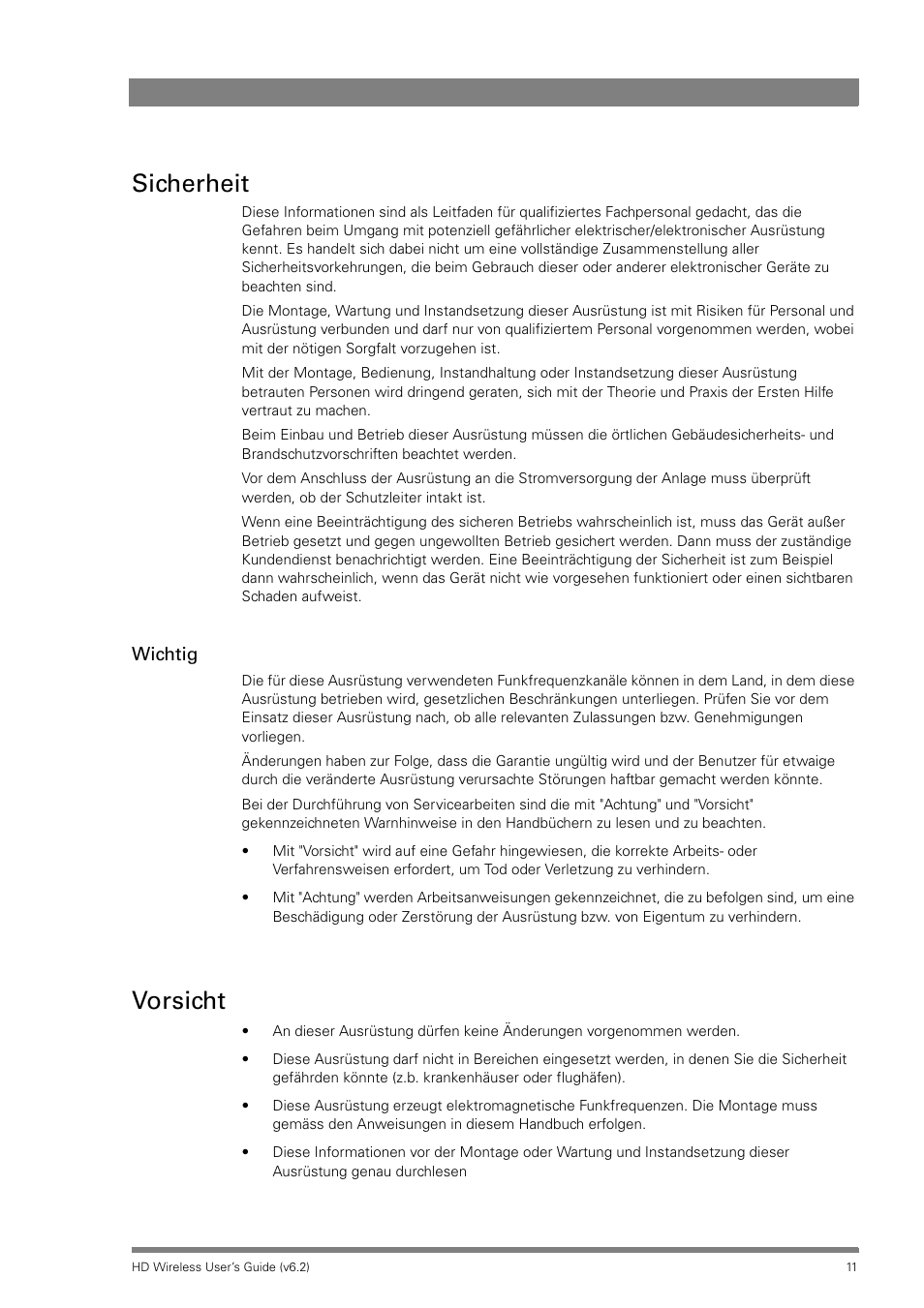 Sicherheit, Vorsicht | Grass Valley HD Wireless User Manual | Page 11 / 86