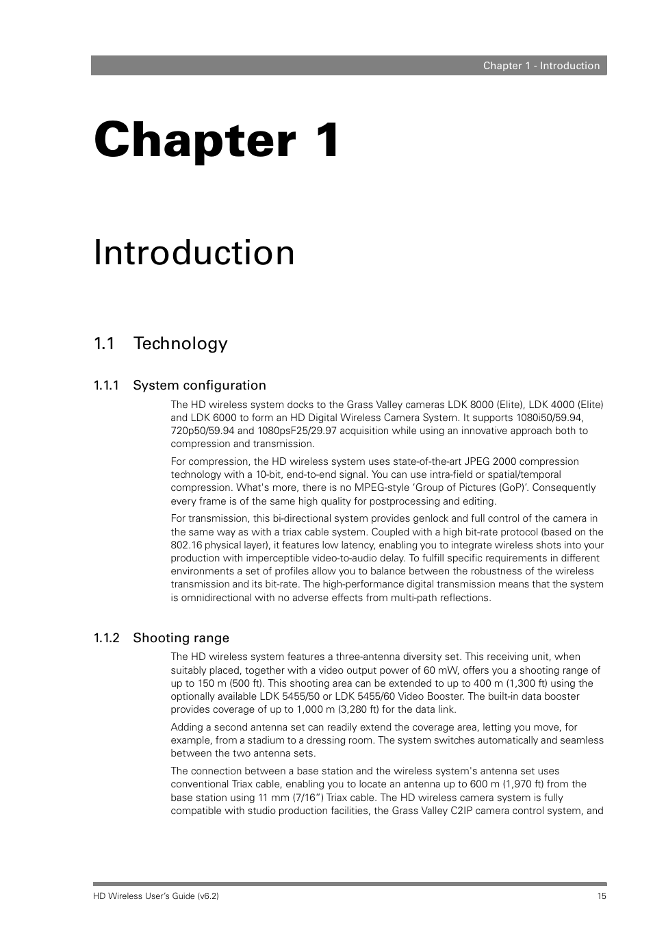 Introduction, 1 technology, 1 system configuration | 2 shooting range, Chapter 1 | Grass Valley HD Wireless User Manual | Page 15 / 86