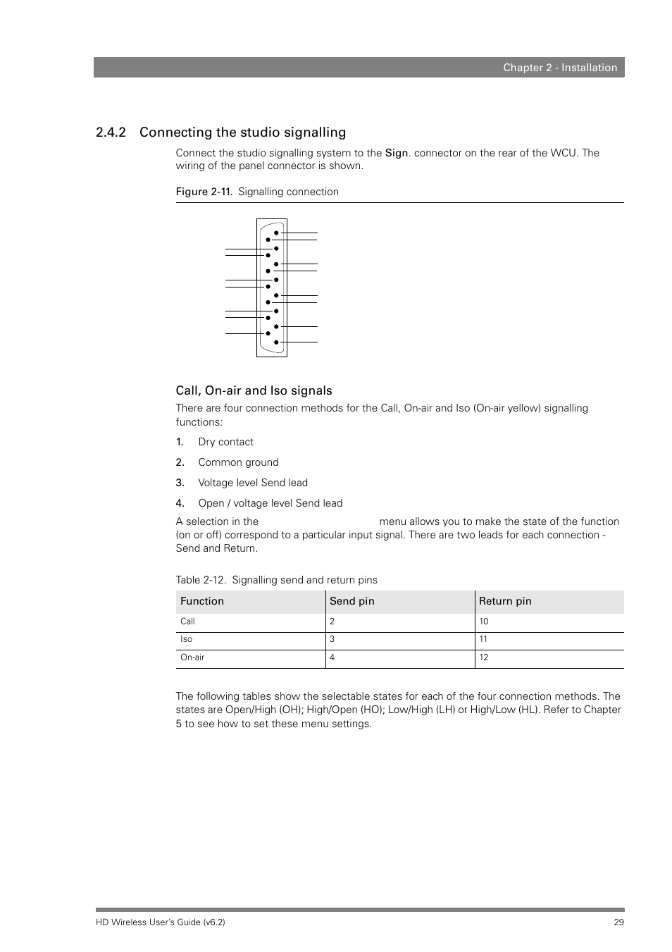 2 connecting the studio signalling, Call, on-air and iso signals | Grass Valley HD Wireless User Manual | Page 29 / 86