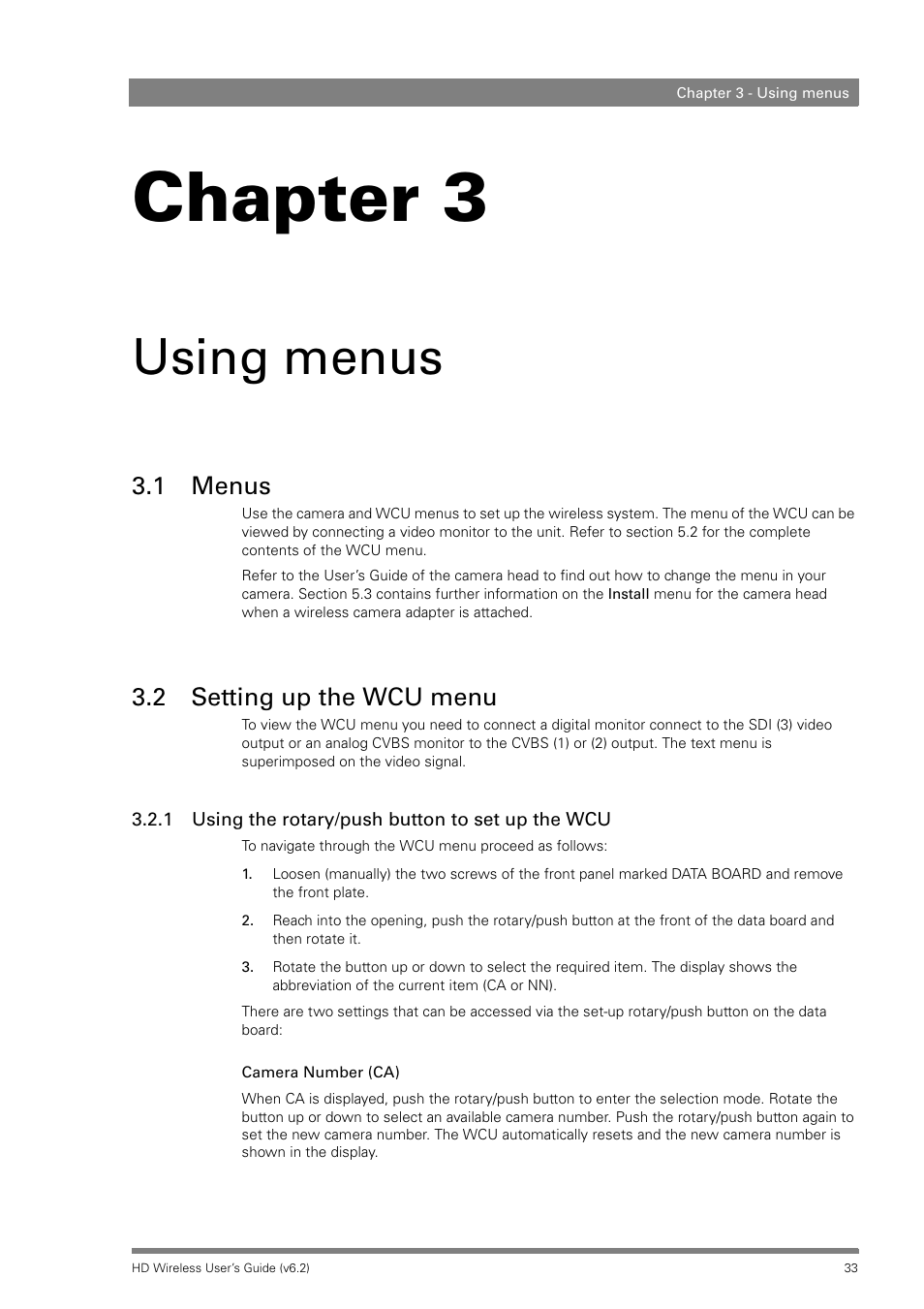 Using menus, 1 menus, 2 setting up the wcu menu | 1 using the rotary/push button to set up the wcu, Chapter 3 | Grass Valley HD Wireless User Manual | Page 33 / 86