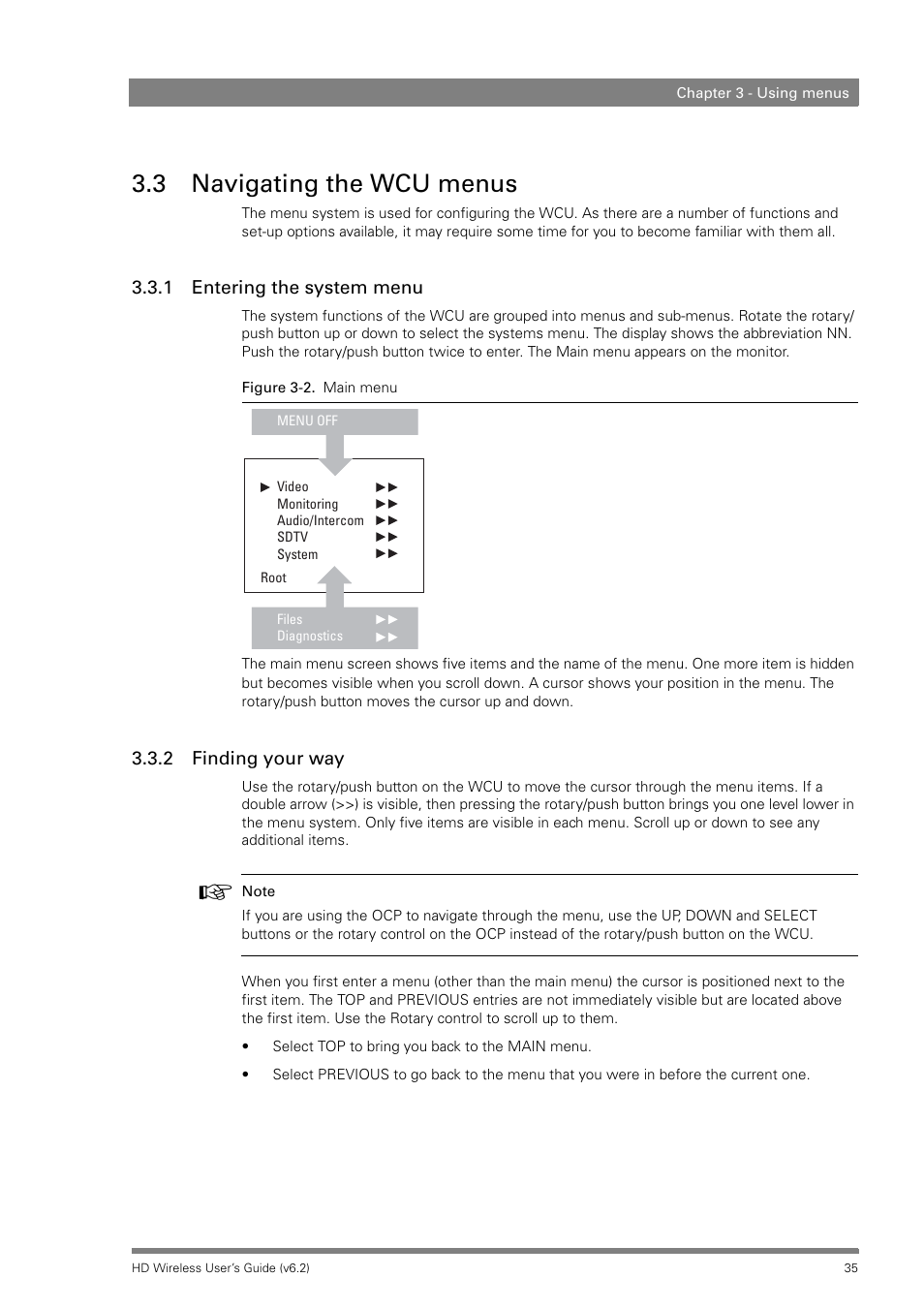 3 navigating the wcu menus, 1 entering the system menu, 2 finding your way | Grass Valley HD Wireless User Manual | Page 35 / 86