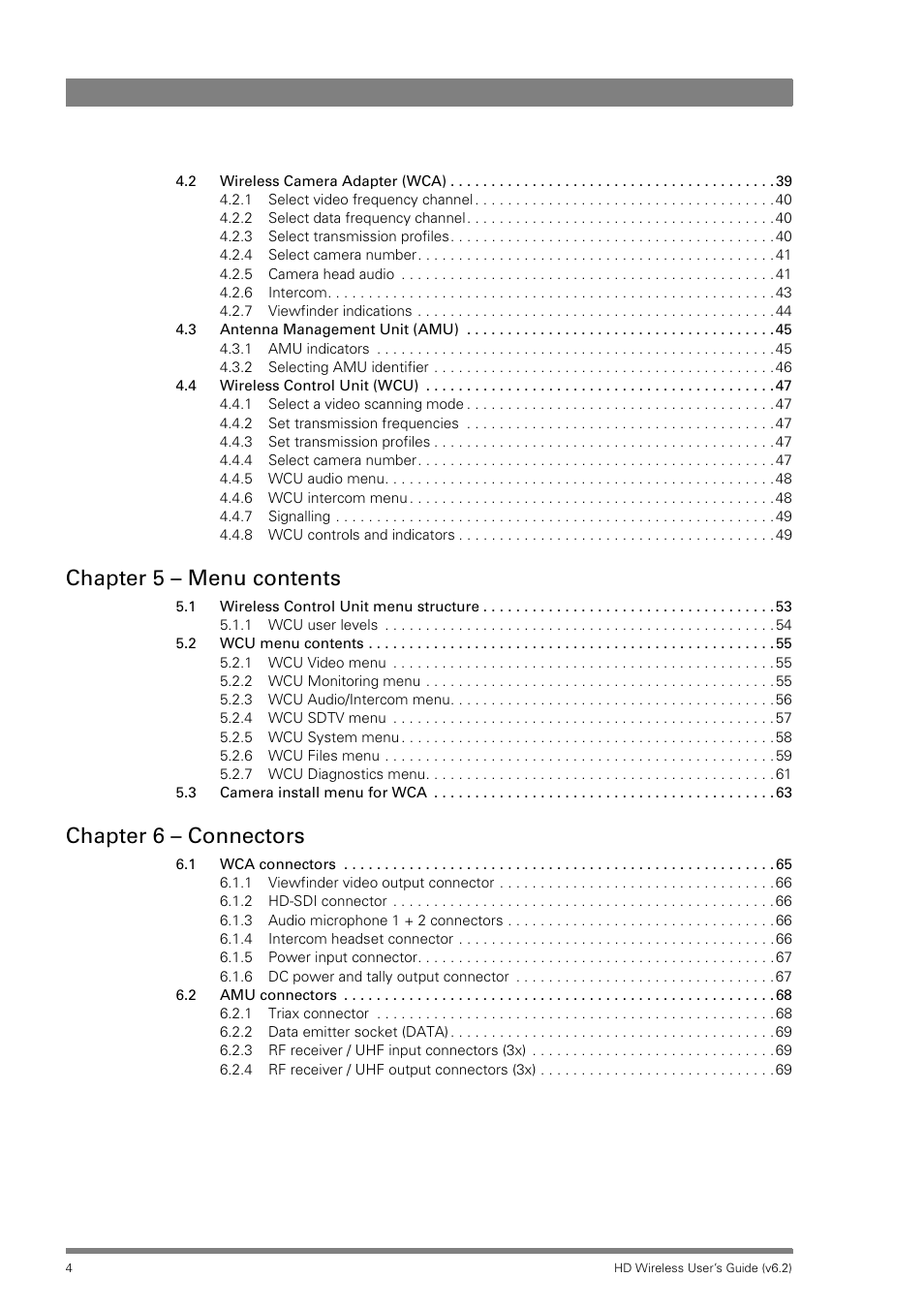 Chapter 5 – menu contents, Chapter 6 – connectors | Grass Valley HD Wireless User Manual | Page 4 / 86