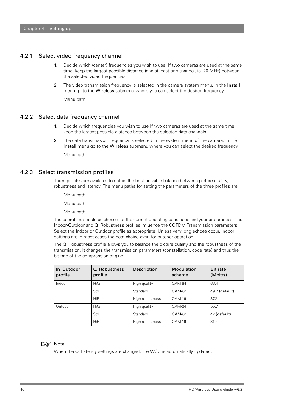 1 select video frequency channel, 2 select data frequency channel, 3 select transmission profiles | Grass Valley HD Wireless User Manual | Page 40 / 86