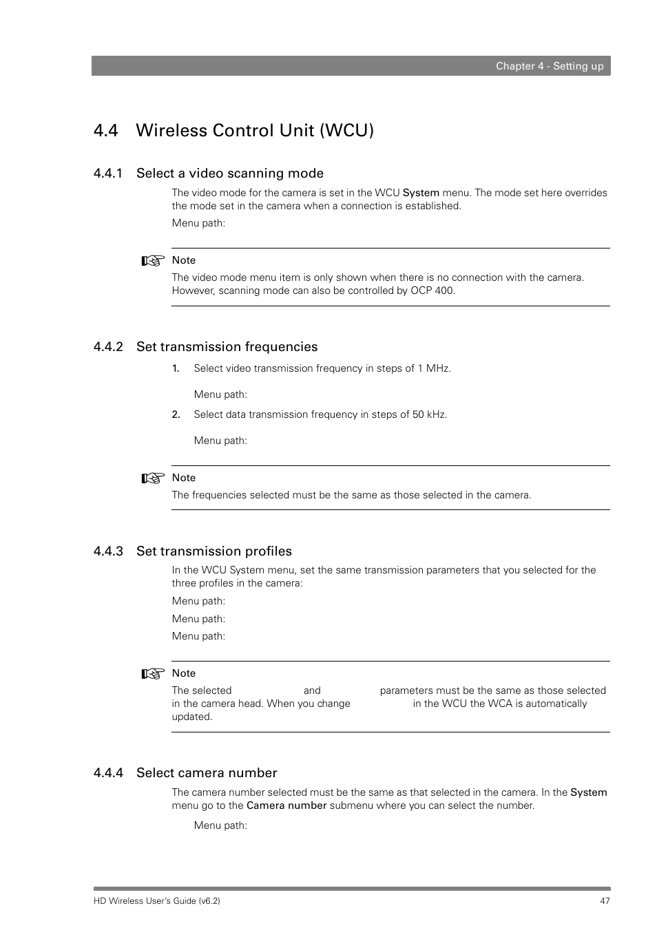 4 wireless control unit (wcu), 1 select a video scanning mode, 2 set transmission frequencies | 3 set transmission profiles, 4 select camera number | Grass Valley HD Wireless User Manual | Page 47 / 86