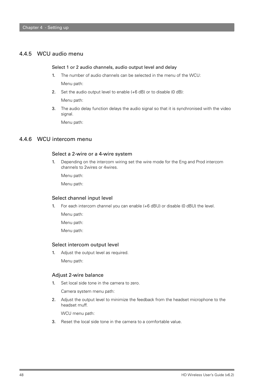 5 wcu audio menu, 6 wcu intercom menu | Grass Valley HD Wireless User Manual | Page 48 / 86