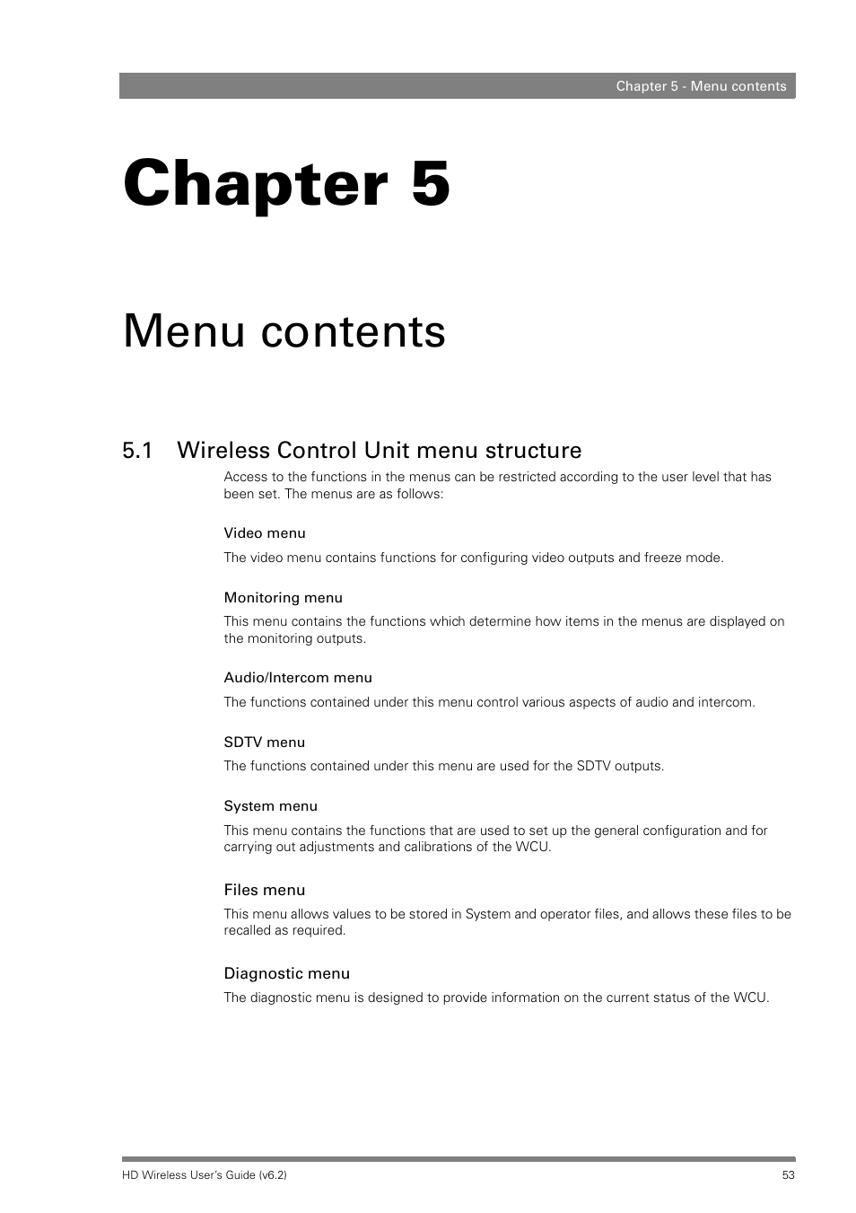 Menu contents, 1 wireless control unit menu structure, Chapter 5 | Grass Valley HD Wireless User Manual | Page 53 / 86