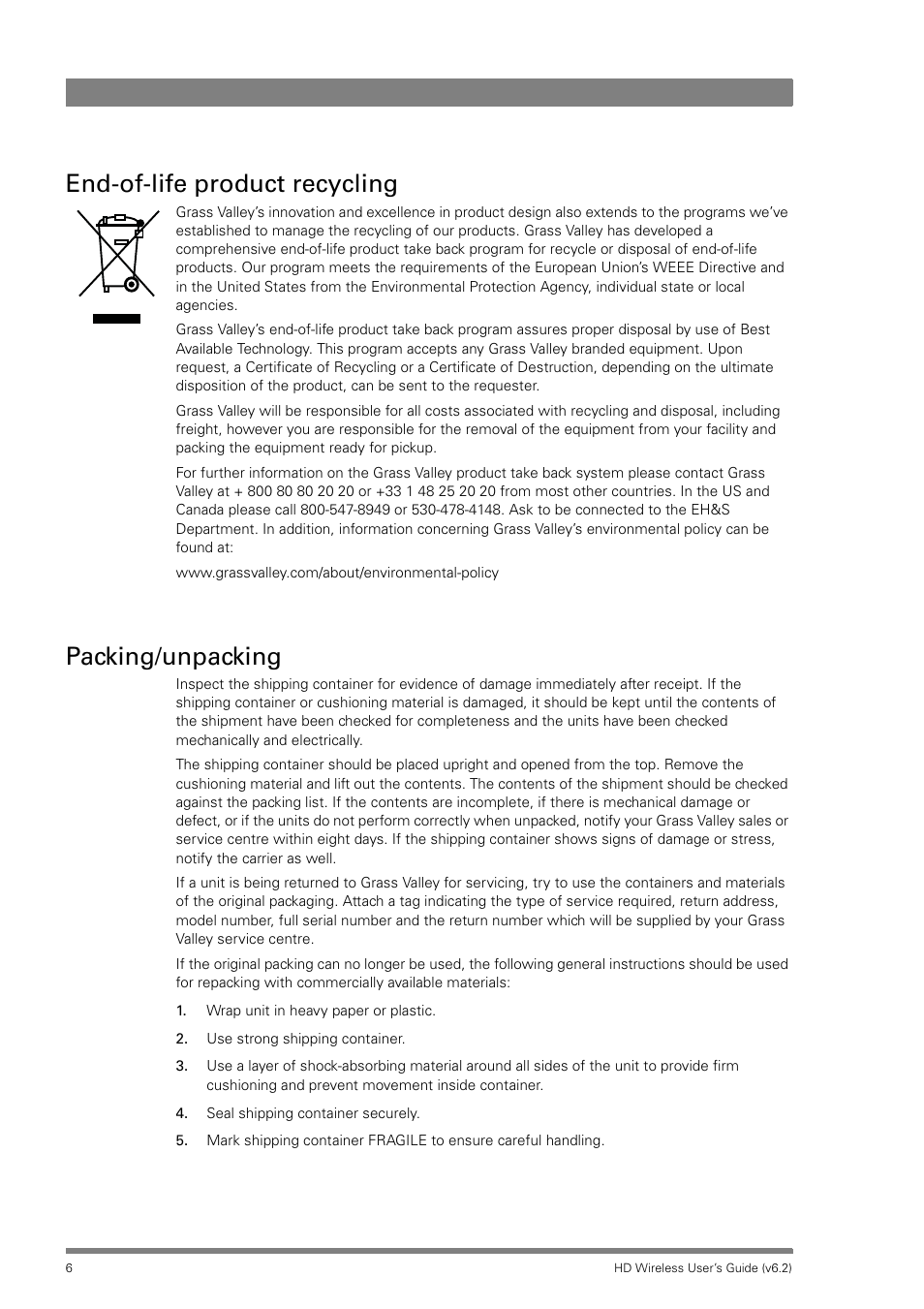 End-of-life product recycling, Packing/unpacking | Grass Valley HD Wireless User Manual | Page 6 / 86