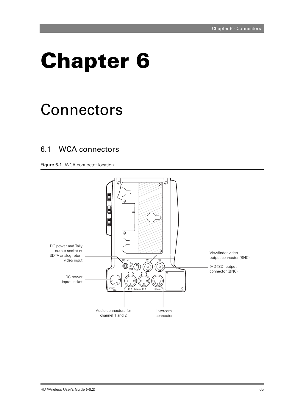 Connectors, 1 wca connectors, Chapter 6 | Grass Valley HD Wireless User Manual | Page 65 / 86