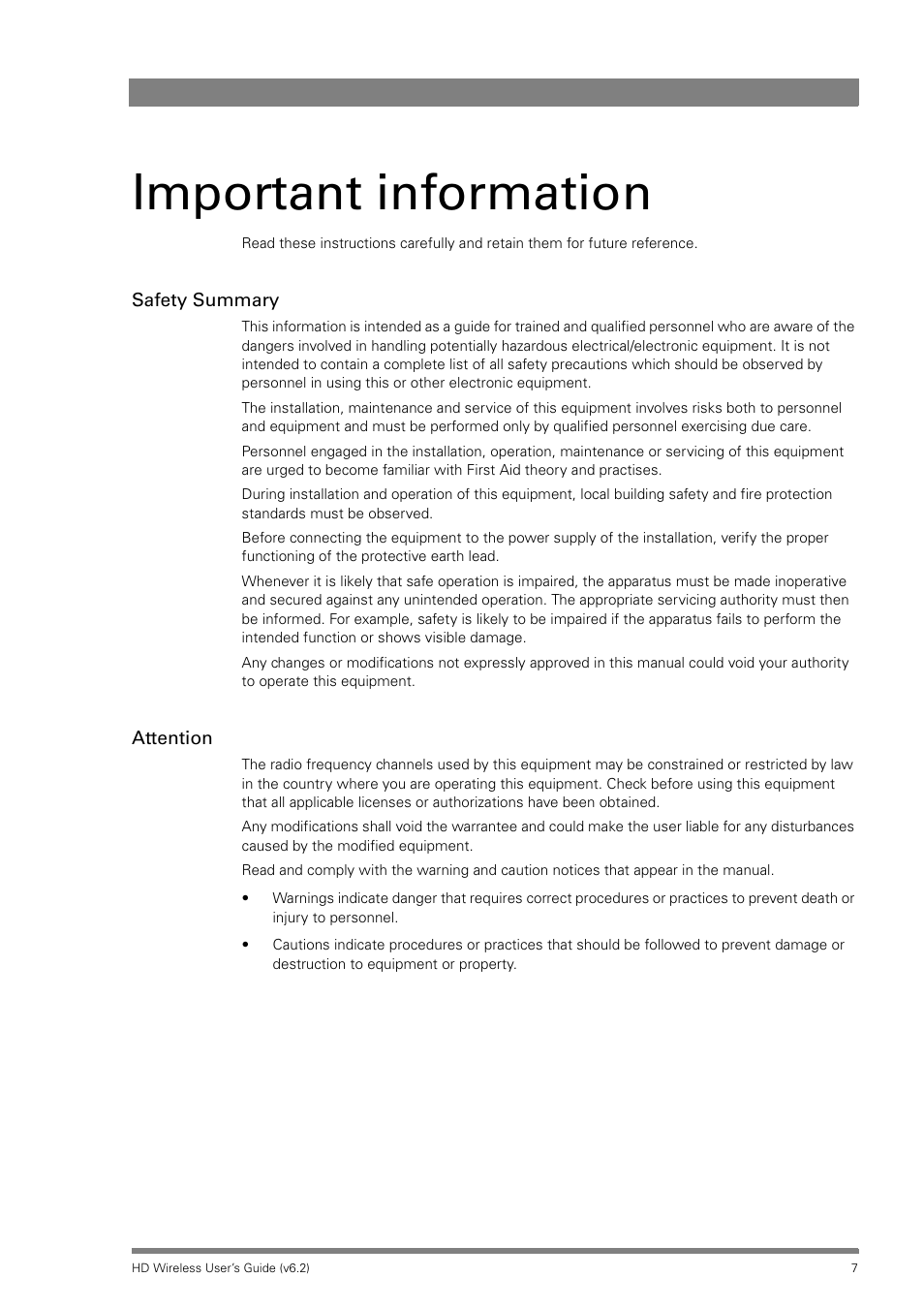 Important information | Grass Valley HD Wireless User Manual | Page 7 / 86