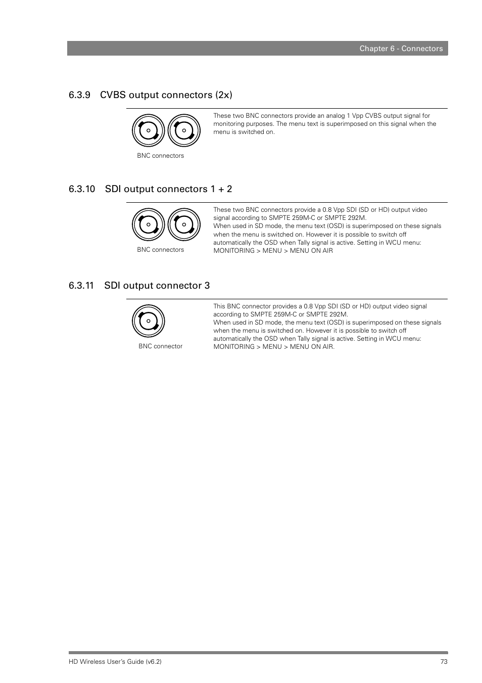 9 cvbs output connectors (2x), 10 sdi output connectors 1 + 2, 11 sdi output connector 3 | Grass Valley HD Wireless User Manual | Page 73 / 86