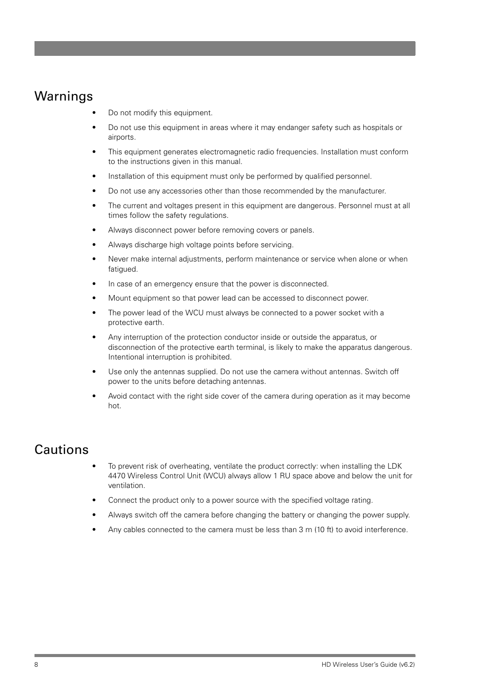 Warnings, Cautions | Grass Valley HD Wireless User Manual | Page 8 / 86