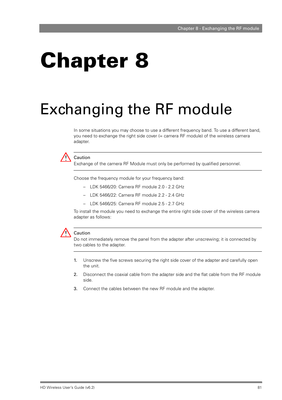 Exchanging the rf module, Chapter 8 | Grass Valley HD Wireless User Manual | Page 81 / 86