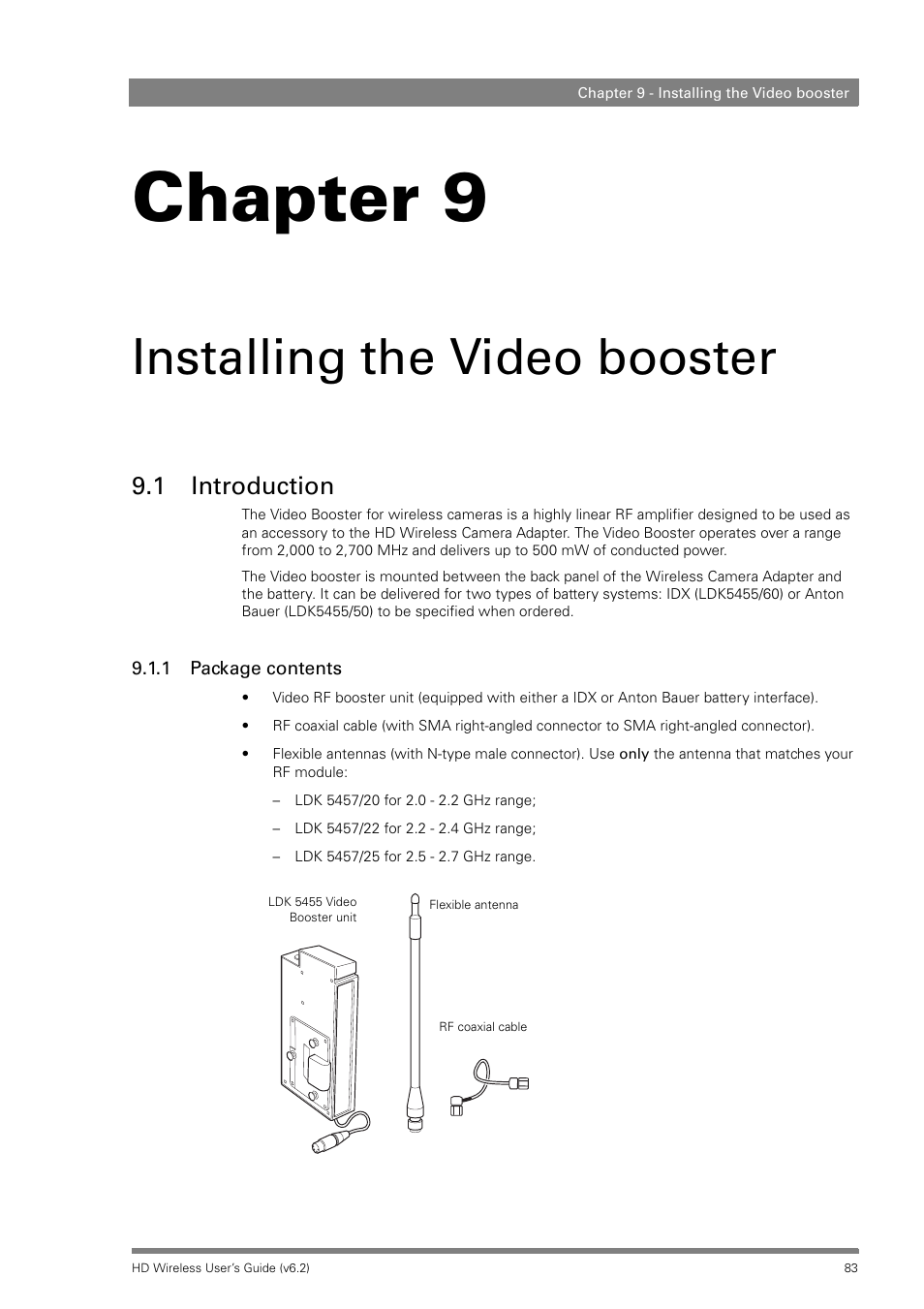 Installing the video booster, 1 introduction, 1 package contents | Chapter 9 | Grass Valley HD Wireless User Manual | Page 83 / 86