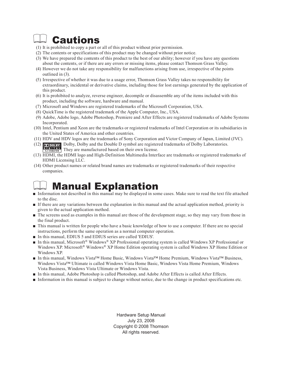 Cautions, Manual explanation | Grass Valley EDIUS 5 User Manual | Page 2 / 52