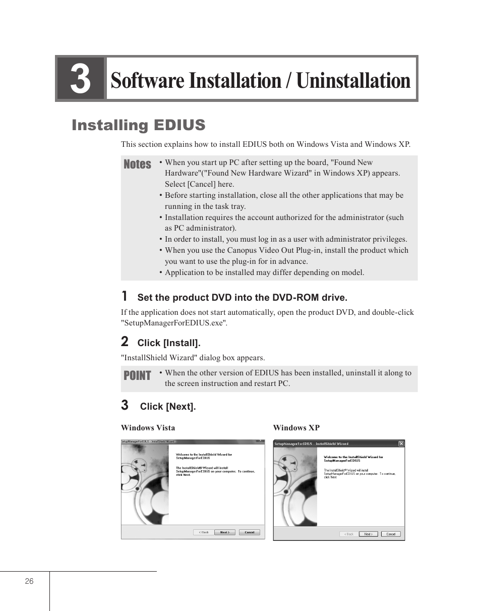 3 software installation / uninstallation, Installing edius, Software installation / uninstallation | Grass Valley EDIUS 5 User Manual | Page 28 / 52