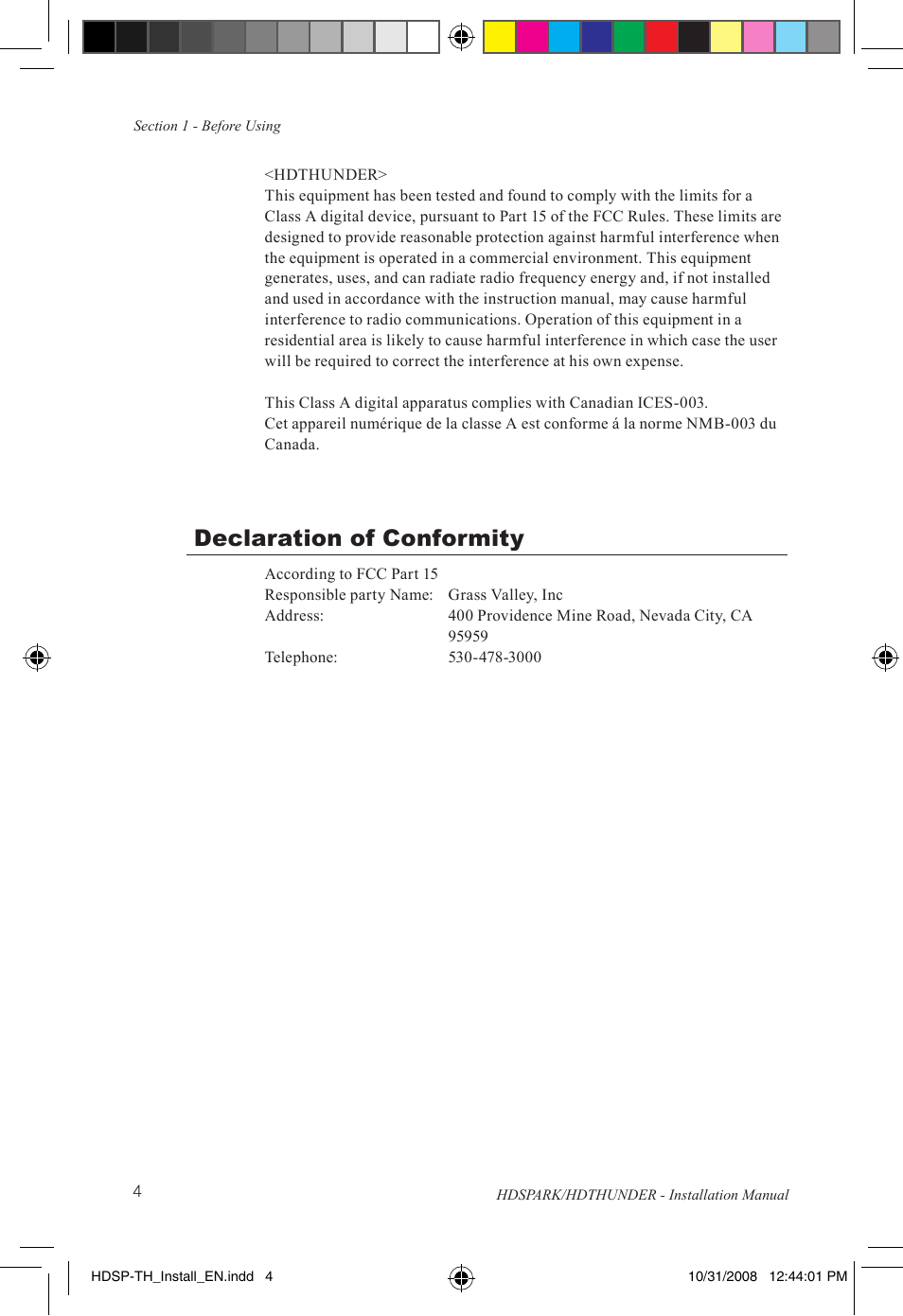 Declaration of conformity | Grass Valley HSPARK User Manual | Page 10 / 120