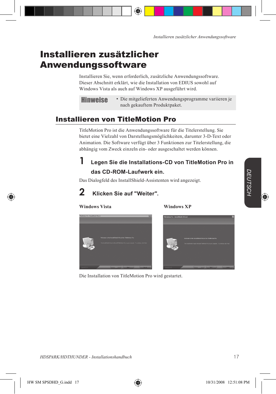 Installieren zusätzlicher anwendungssoftware, Hinweise, Installieren von titlemotion pro | Grass Valley HSPARK User Manual | Page 103 / 120