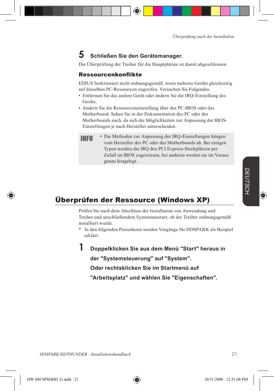 Info, Überprüfen der ressource (windows xp) | Grass Valley HSPARK User Manual | Page 107 / 120