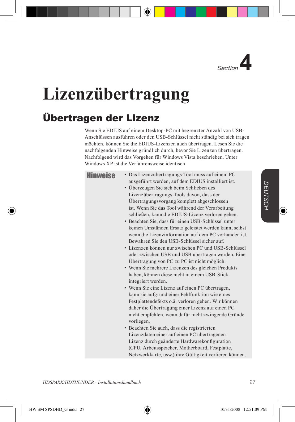 Lizenzübertragung, Übertragen der lizenz, Hinweise | Grass Valley HSPARK User Manual | Page 113 / 120