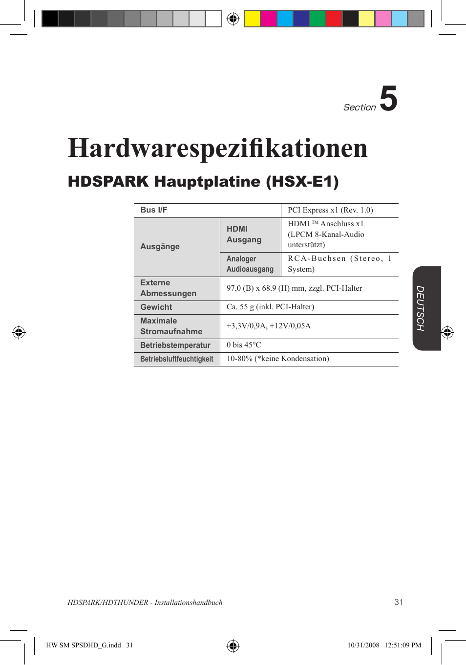 Hardwarespezifikationen, Hdspark hauptplatine (hsx-e1) | Grass Valley HSPARK User Manual | Page 117 / 120