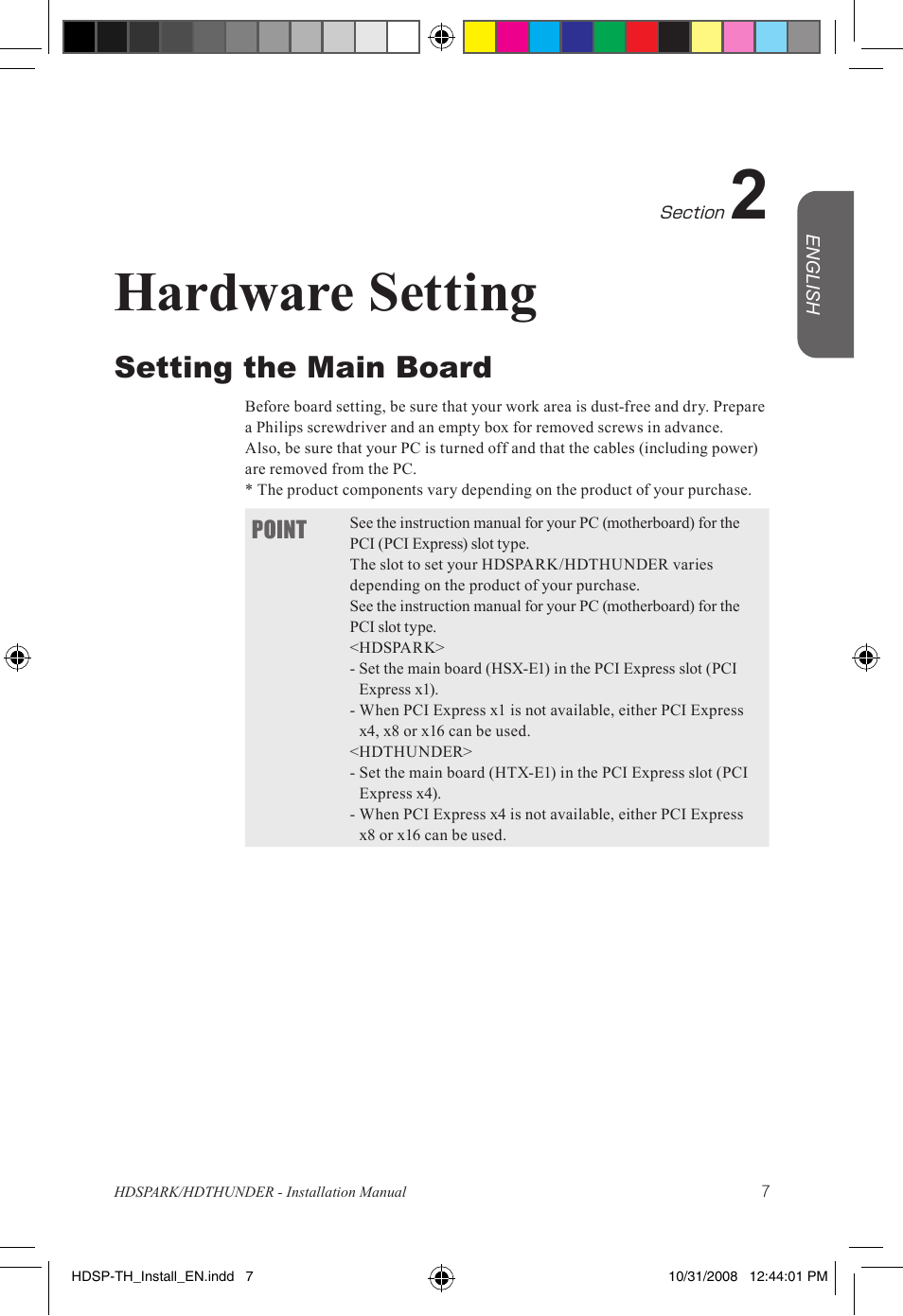 Hardware setting, Setting the main board | Grass Valley HSPARK User Manual | Page 13 / 120