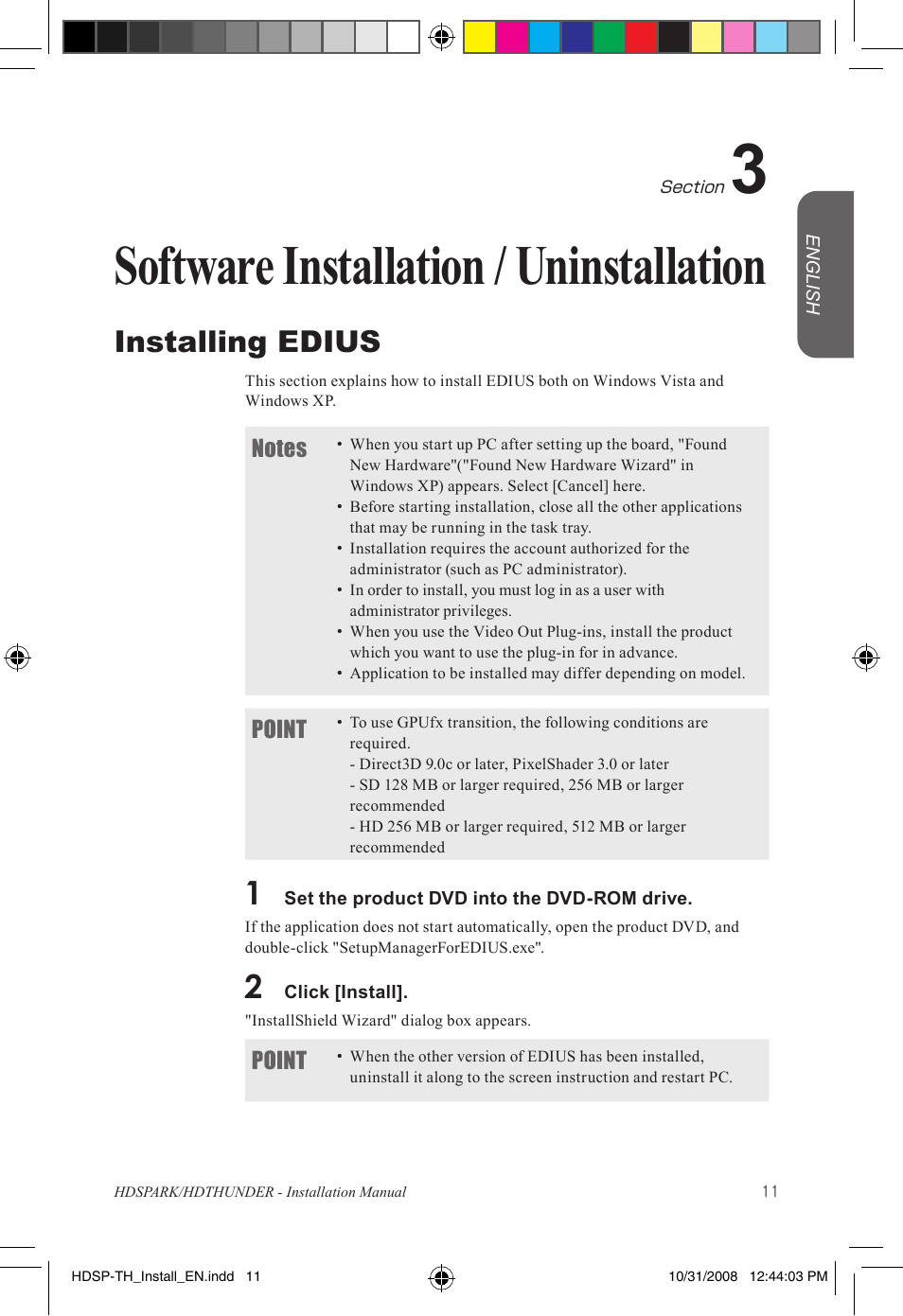 Software installation / uninstallation, Installing edius, Point | Grass Valley HSPARK User Manual | Page 17 / 120