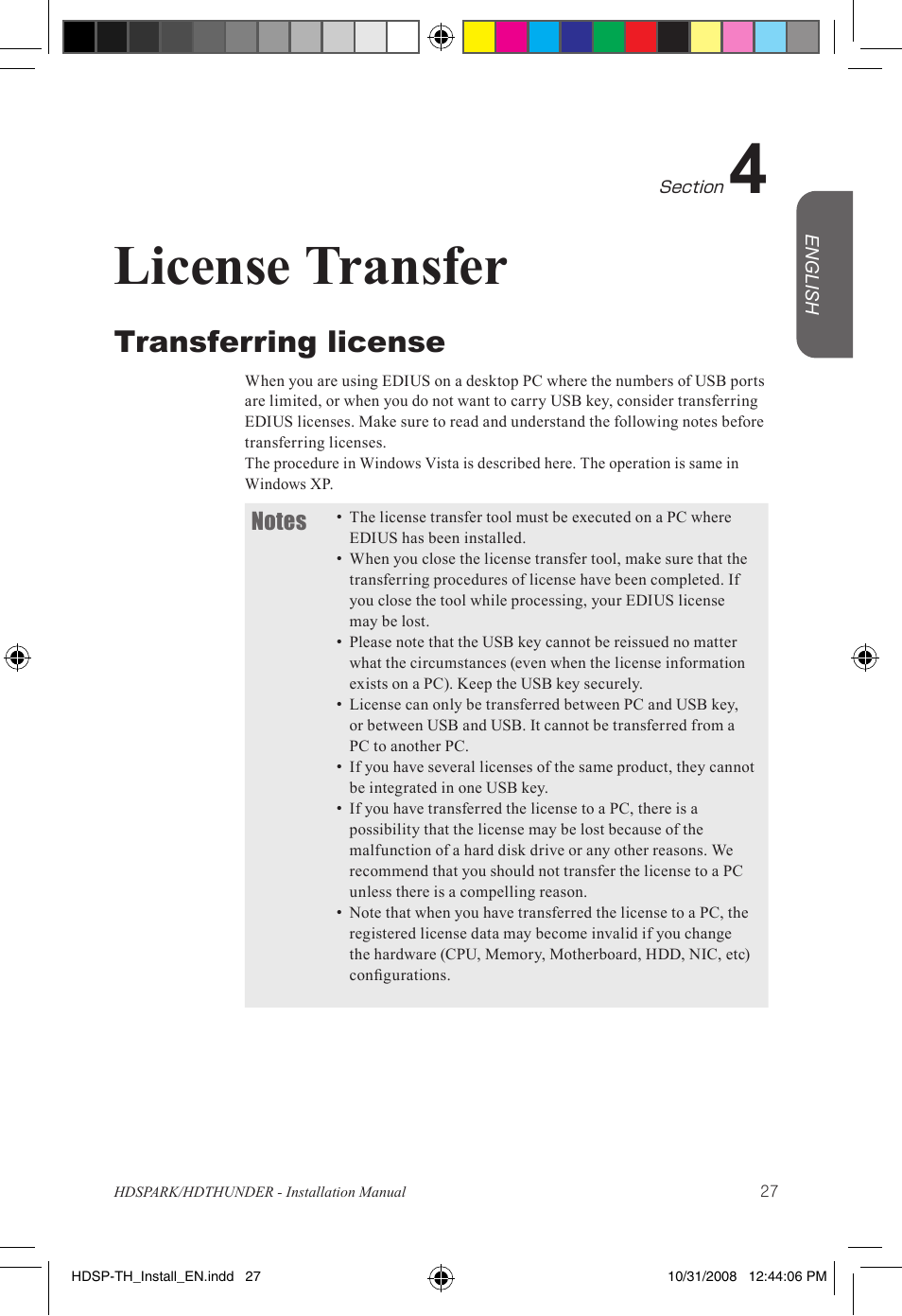 License transfer, Transferring license | Grass Valley HSPARK User Manual | Page 33 / 120