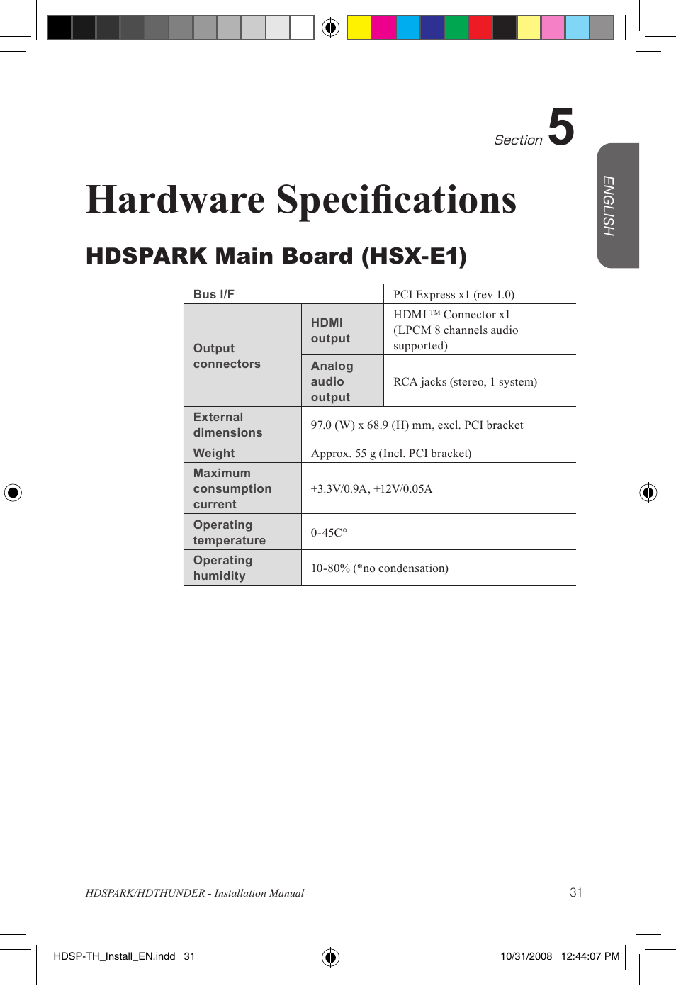 Hardware specifications, Hdspark main board (hsx-e1) | Grass Valley HSPARK User Manual | Page 37 / 120