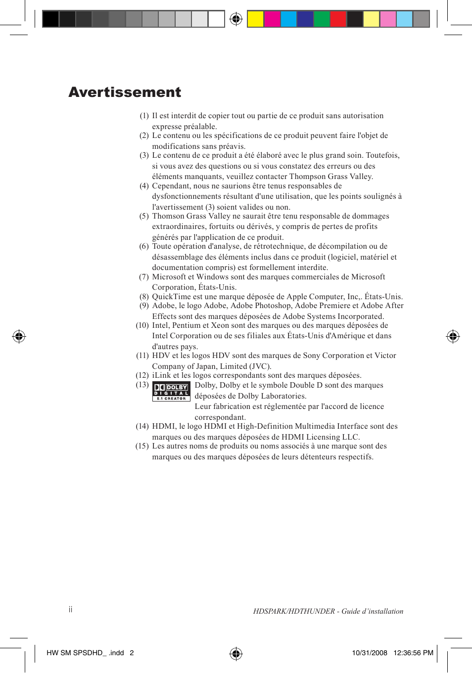 Avertissement | Grass Valley HSPARK User Manual | Page 42 / 120