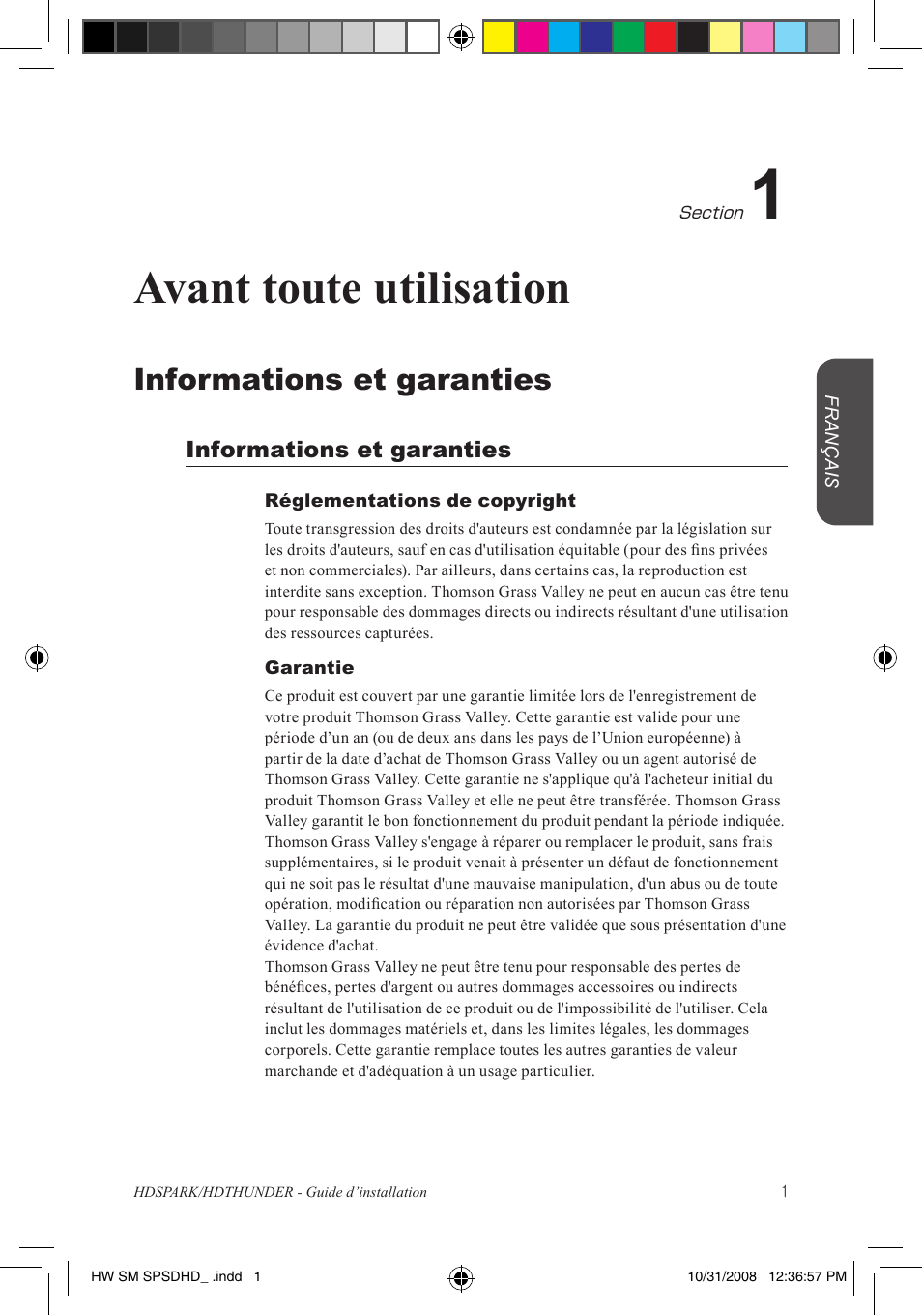 Avant toute utilisation, Informations et garanties | Grass Valley HSPARK User Manual | Page 47 / 120