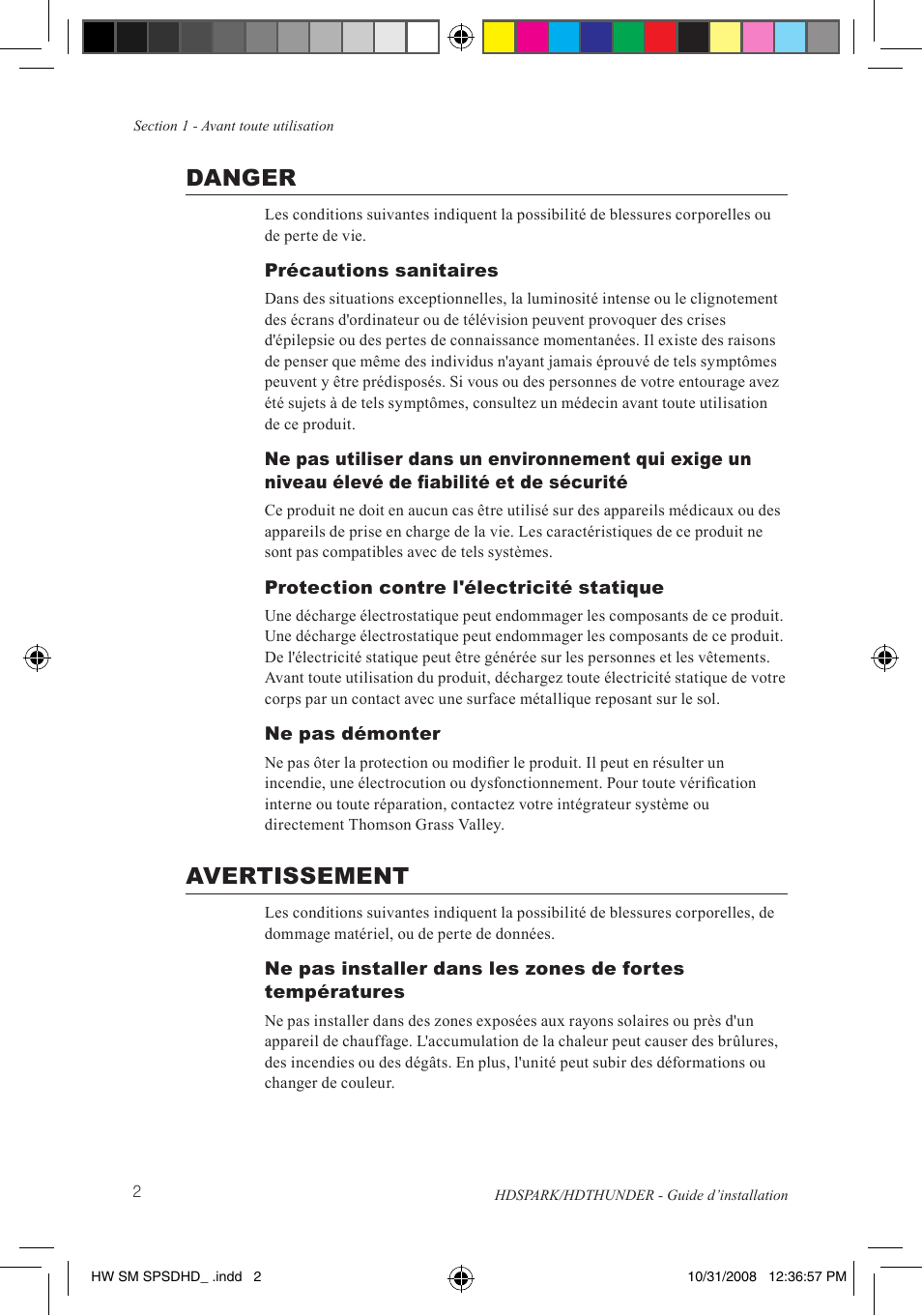 Danger, Avertissement | Grass Valley HSPARK User Manual | Page 48 / 120