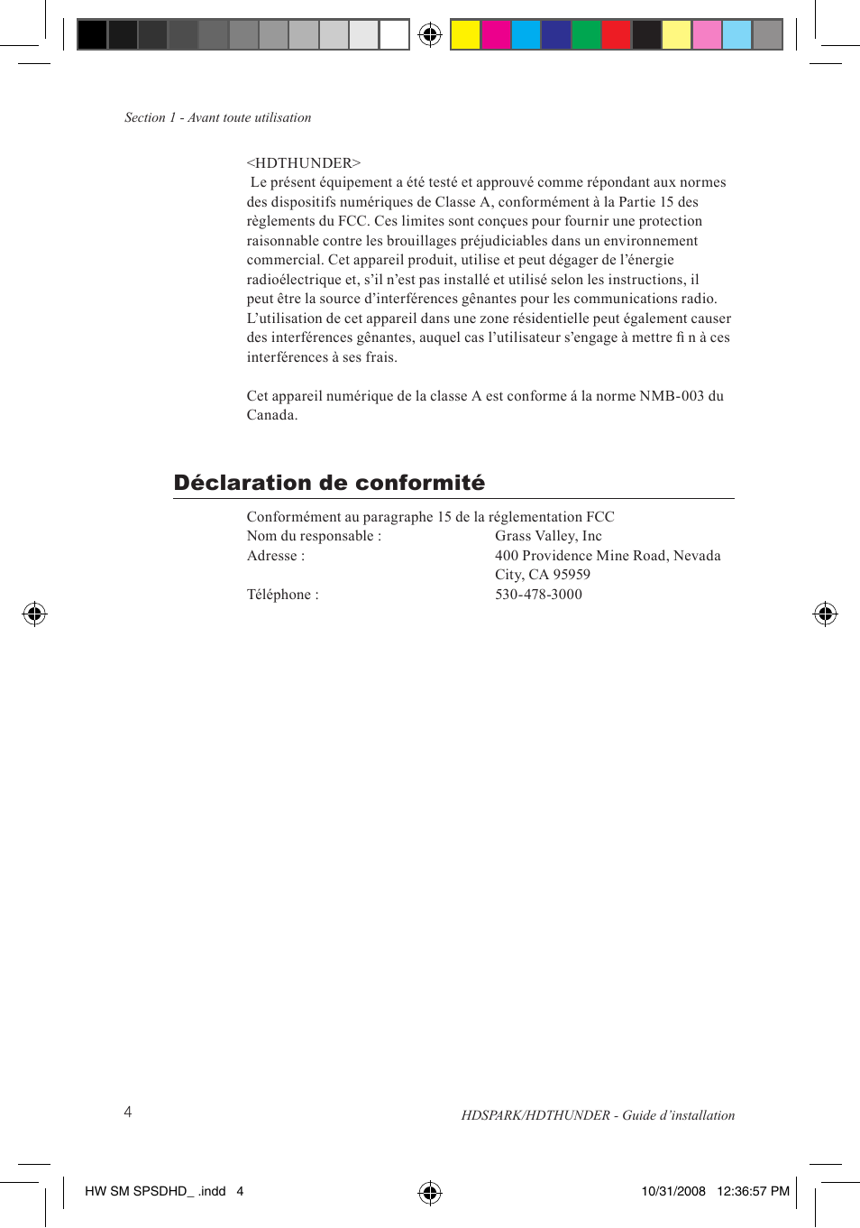 Déclaration de conformité | Grass Valley HSPARK User Manual | Page 50 / 120