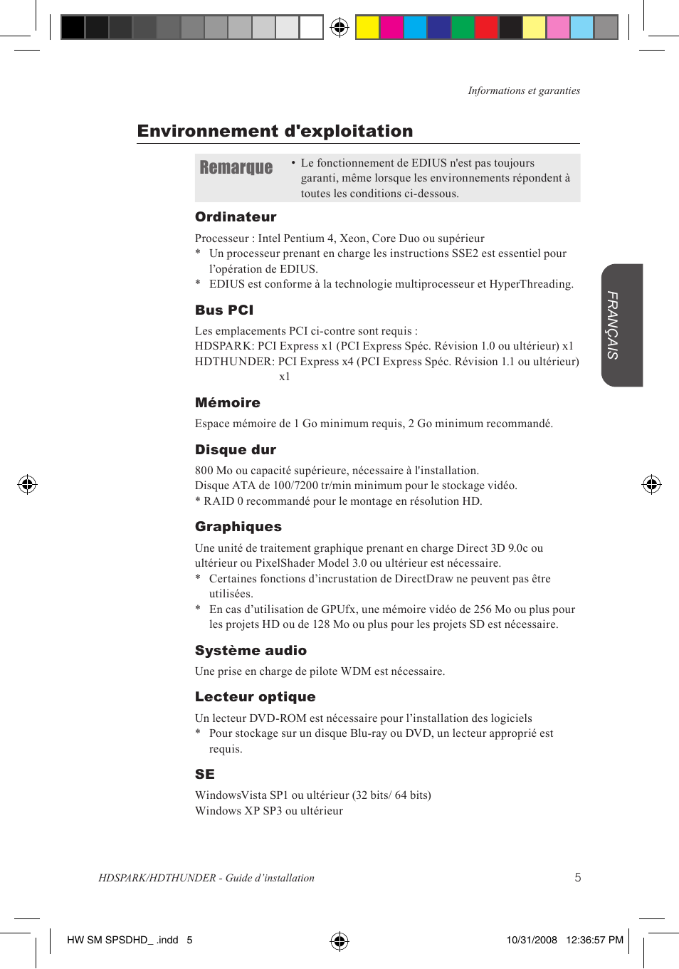 Environnement d'exploitation remarque | Grass Valley HSPARK User Manual | Page 51 / 120