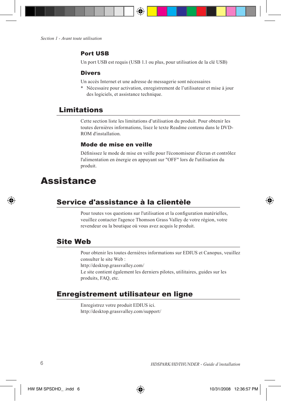 Assistance, Limitations, Service d'assistance à la clientèle | Site web, Enregistrement utilisateur en ligne | Grass Valley HSPARK User Manual | Page 52 / 120