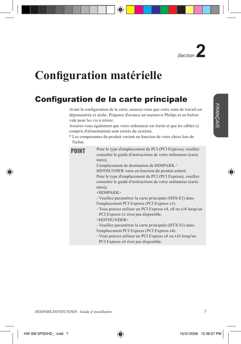 Configuration matérielle, Configuration de la carte principale, Point | Grass Valley HSPARK User Manual | Page 53 / 120