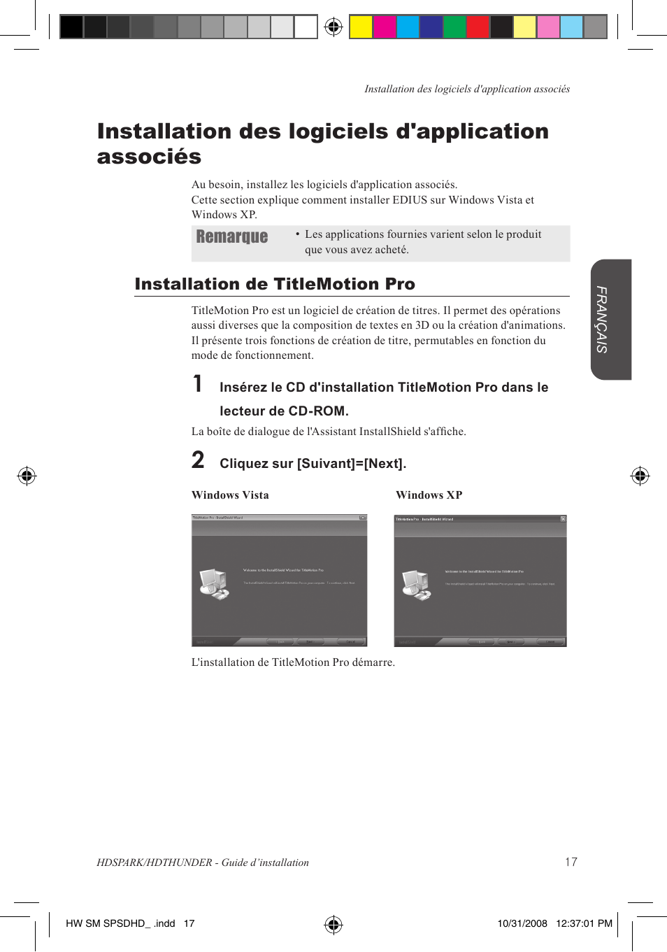 Installation des logiciels d'application associés, Remarque, Installation de titlemotion pro | Grass Valley HSPARK User Manual | Page 63 / 120