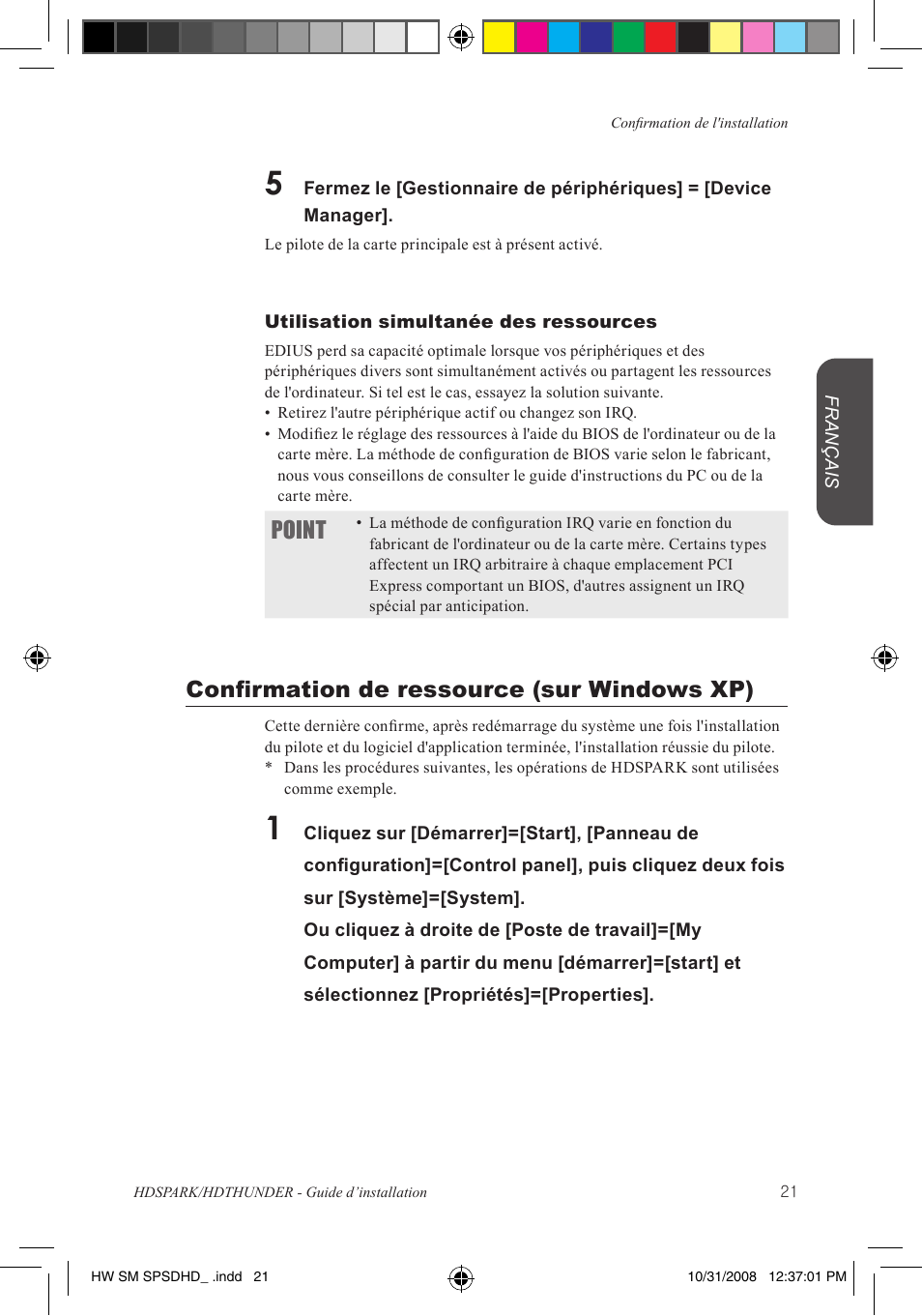 Point, Confirmation de ressource (sur windows xp) | Grass Valley HSPARK User Manual | Page 67 / 120