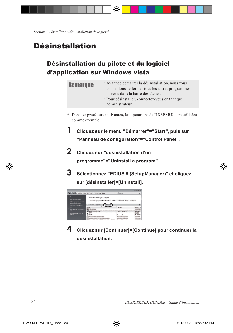 Désinstallation | Grass Valley HSPARK User Manual | Page 70 / 120