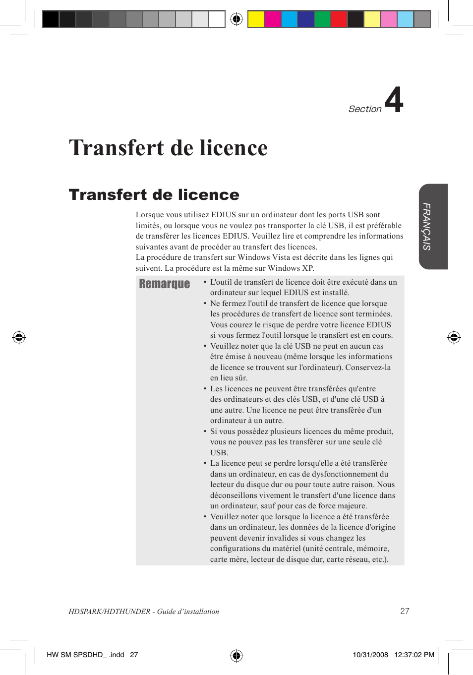 Transfert de licence, Remarque | Grass Valley HSPARK User Manual | Page 73 / 120