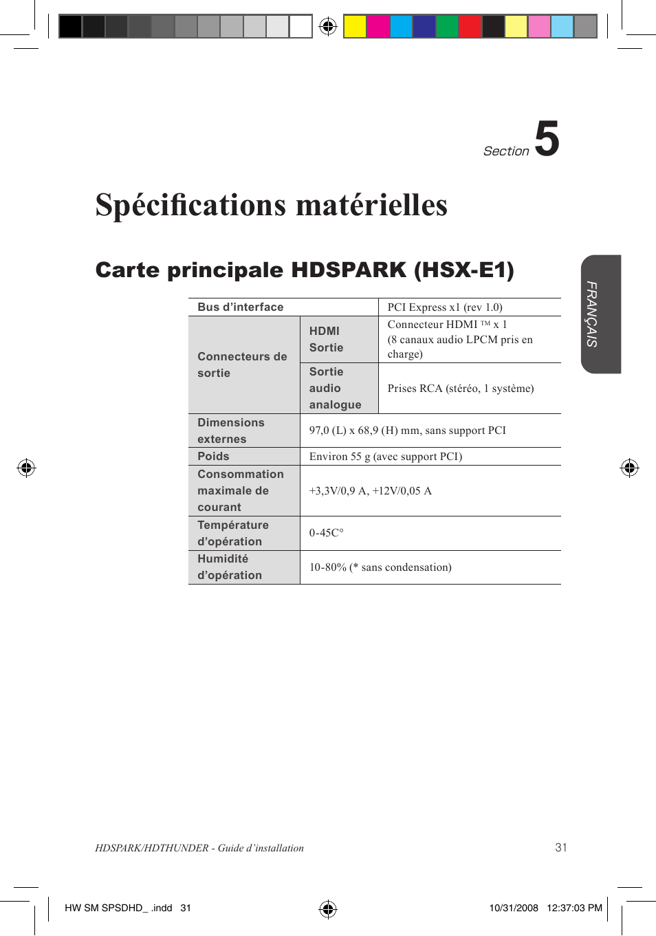 Spécifications matérielles, Carte principale hdspark (hsx-e1) | Grass Valley HSPARK User Manual | Page 77 / 120